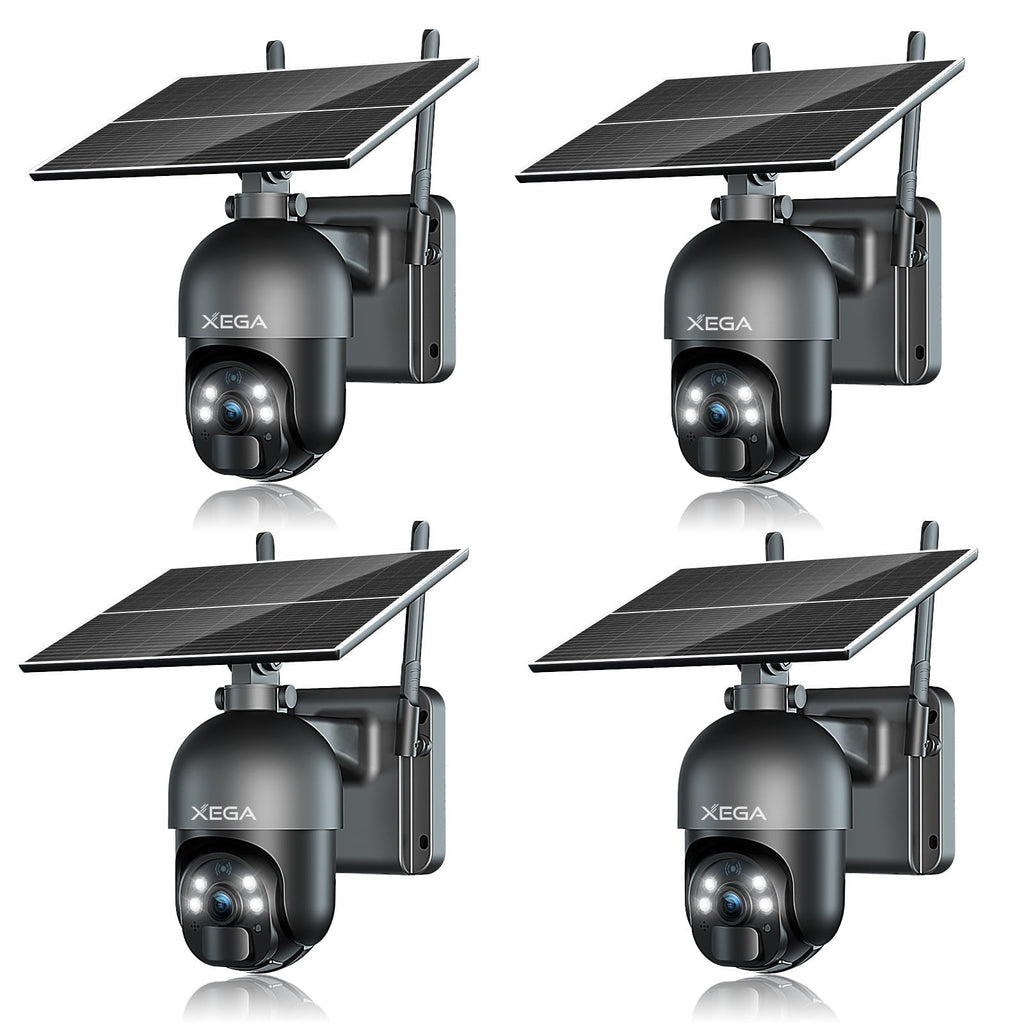 Xega 4G LTE Solar-Außenüberwachungskamera in Schwarz mit 2K-Nachtsicht und Solarpanel, ideal für den Außenbereich.