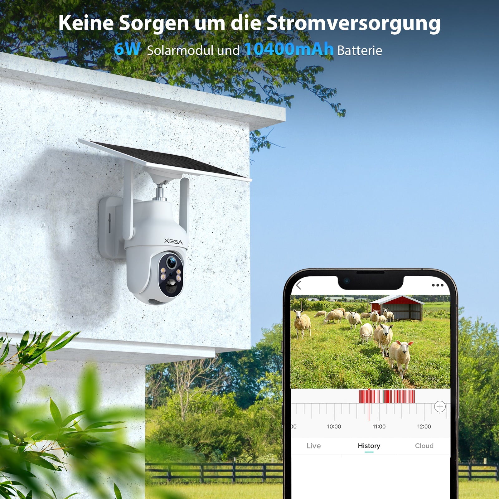Xega 4G Kamera: 6W Solar, 10400mAh Akku. Wandmontage, Smartphone-Vorschau zeigt Schafherde.