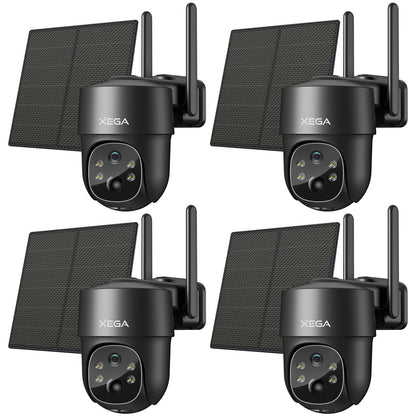 Four black Xega solar 4G LTE security cameras with dual antennas and solar panels.
