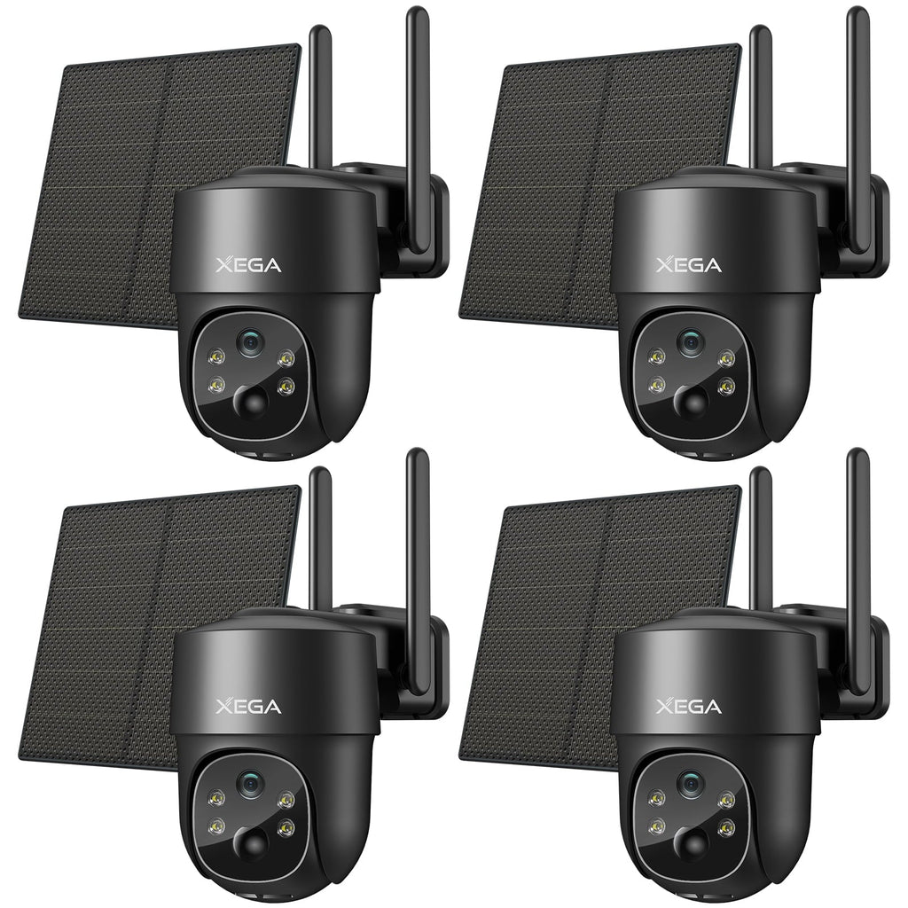 Four black Xega solar 4G LTE security cameras with dual antennas and solar panels.
