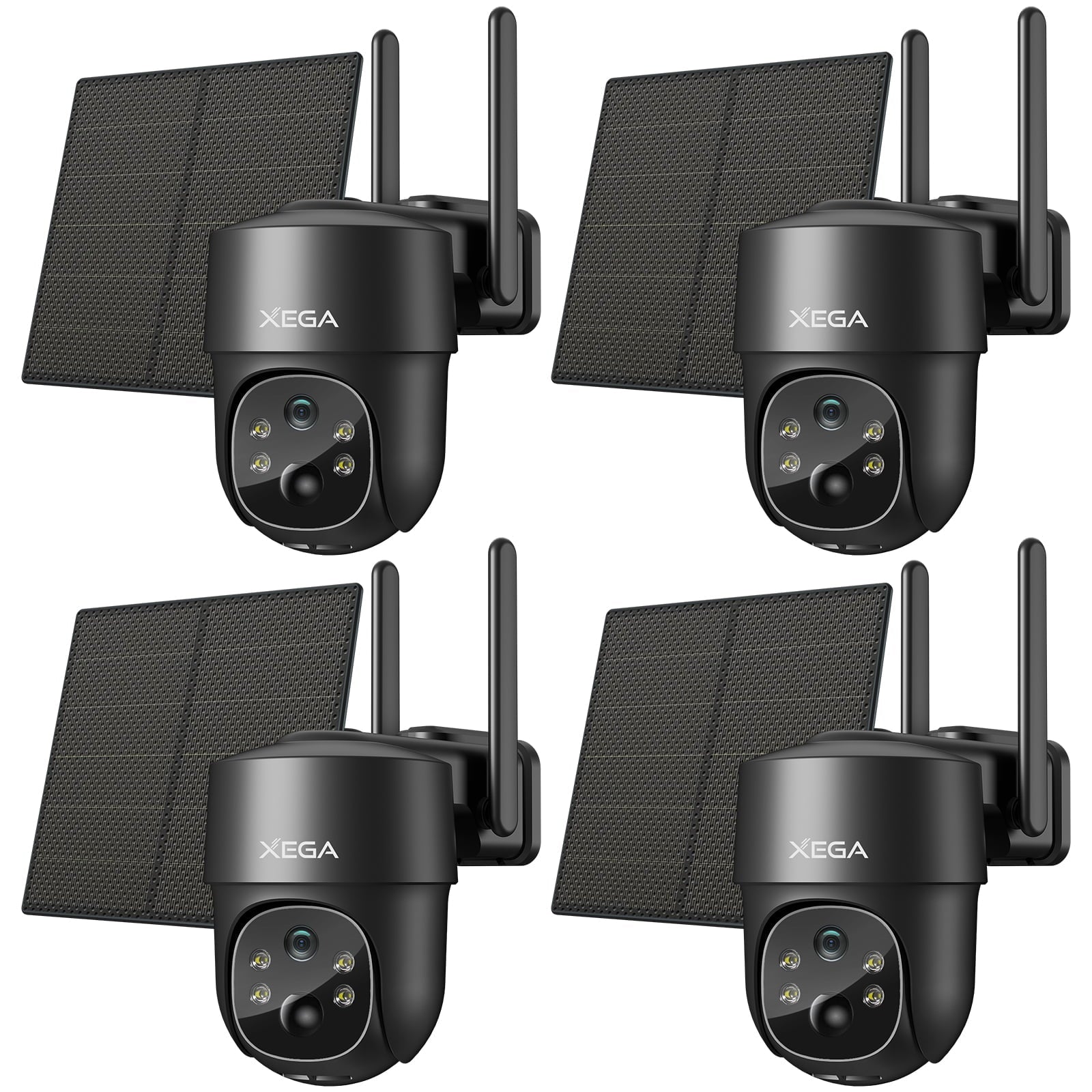 Four black Xega solar 4G LTE security cameras with dual antennas and solar panels.
