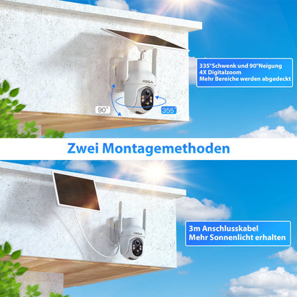 Xega 4G solar camera: 355° pan, 90° tilt, 4x zoom. Two mounting options shown with solar panel.