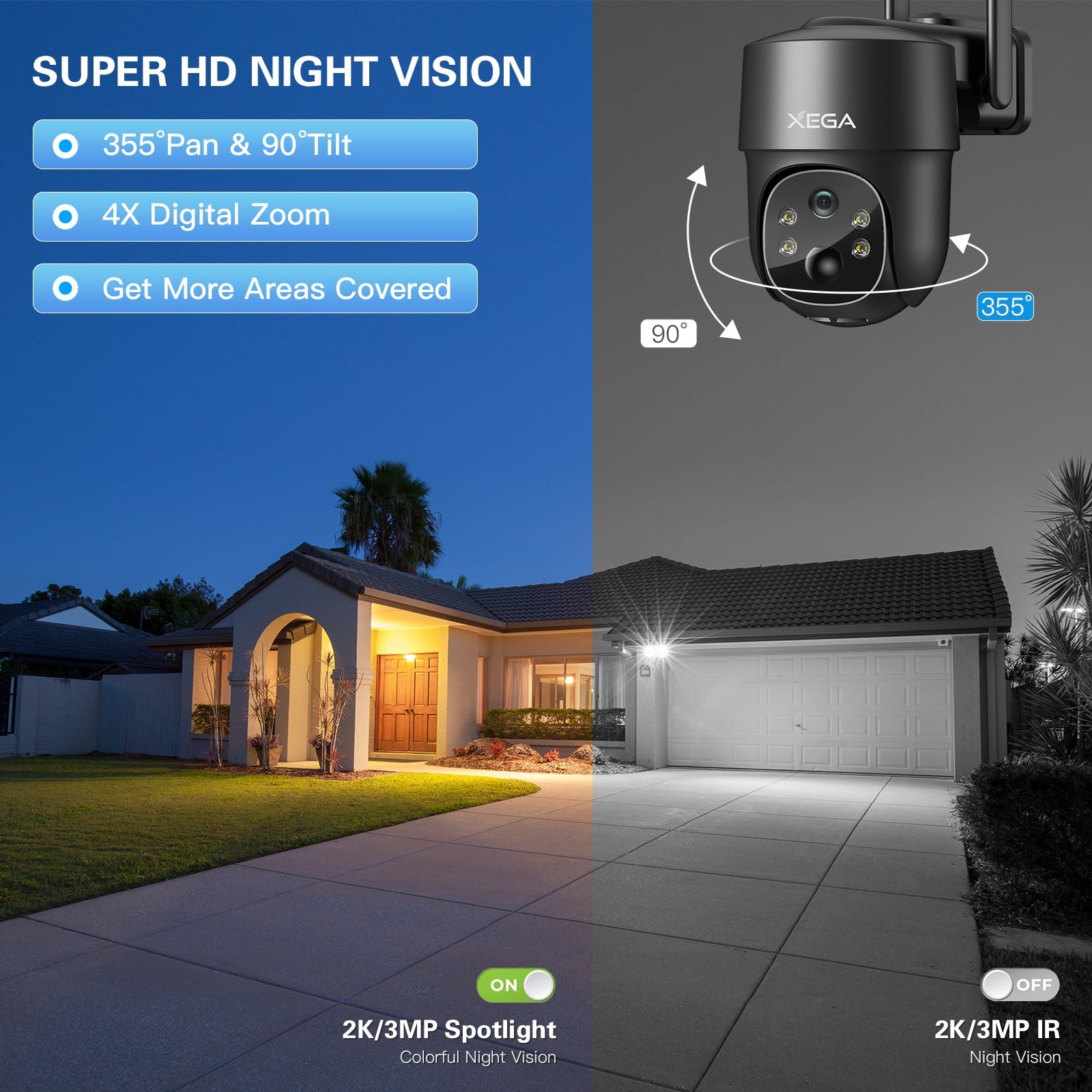 Xega 4G LTE camera: 2K HD, 355° Pan, 90° Tilt, 4x zoom. Solar powered with color/IR night vision.
