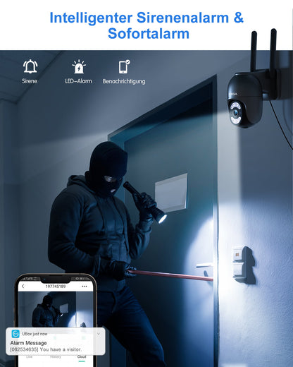 Xega 4G Überwachungskamera mit Sirenenalarm, LED-Alarm und Benachrichtigungsfunktion, zeigt Einbrecher bei Nacht.