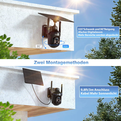 Xega outdoor camera with solar panel: 335° pan, 90° tilt, 4x zoom for wide coverage. Two mounting options.