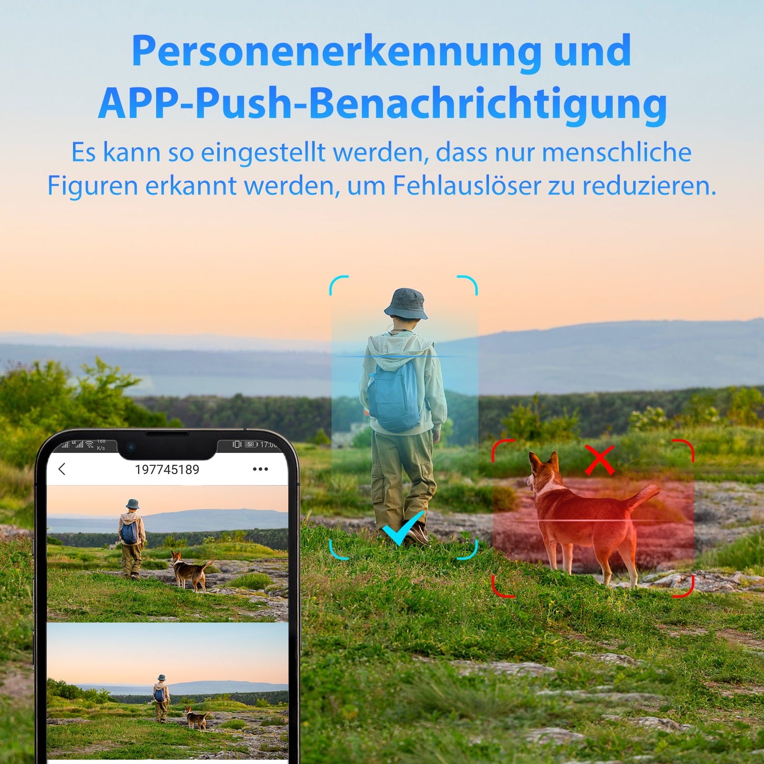 Xega Überwachungskamera mit Personenerkennung und APP-Push-Benachrichtigung, reduziert Fehlalarme.