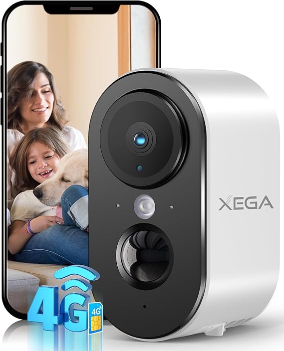 Xega 4G LTE indoor camera, 3MP HD, color night vision, family on phone screen.