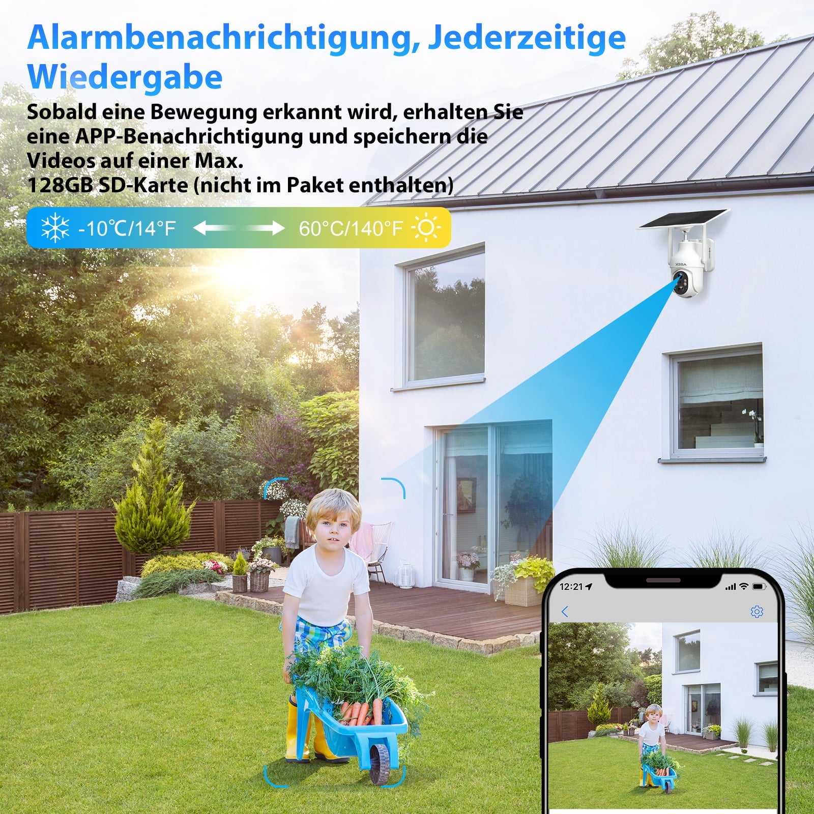 Xega 4G solar camera on house wall with solar panel. Phone shows live feed of child with wheelbarrow. Temp range -10C to 60C.