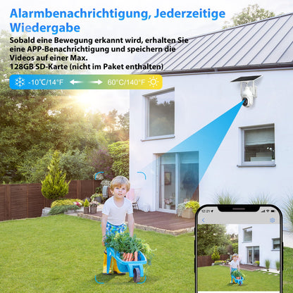 Xega 4G solar camera on house wall with solar panel. Phone shows live feed of child with wheelbarrow. Temp range -10C to 60C.
