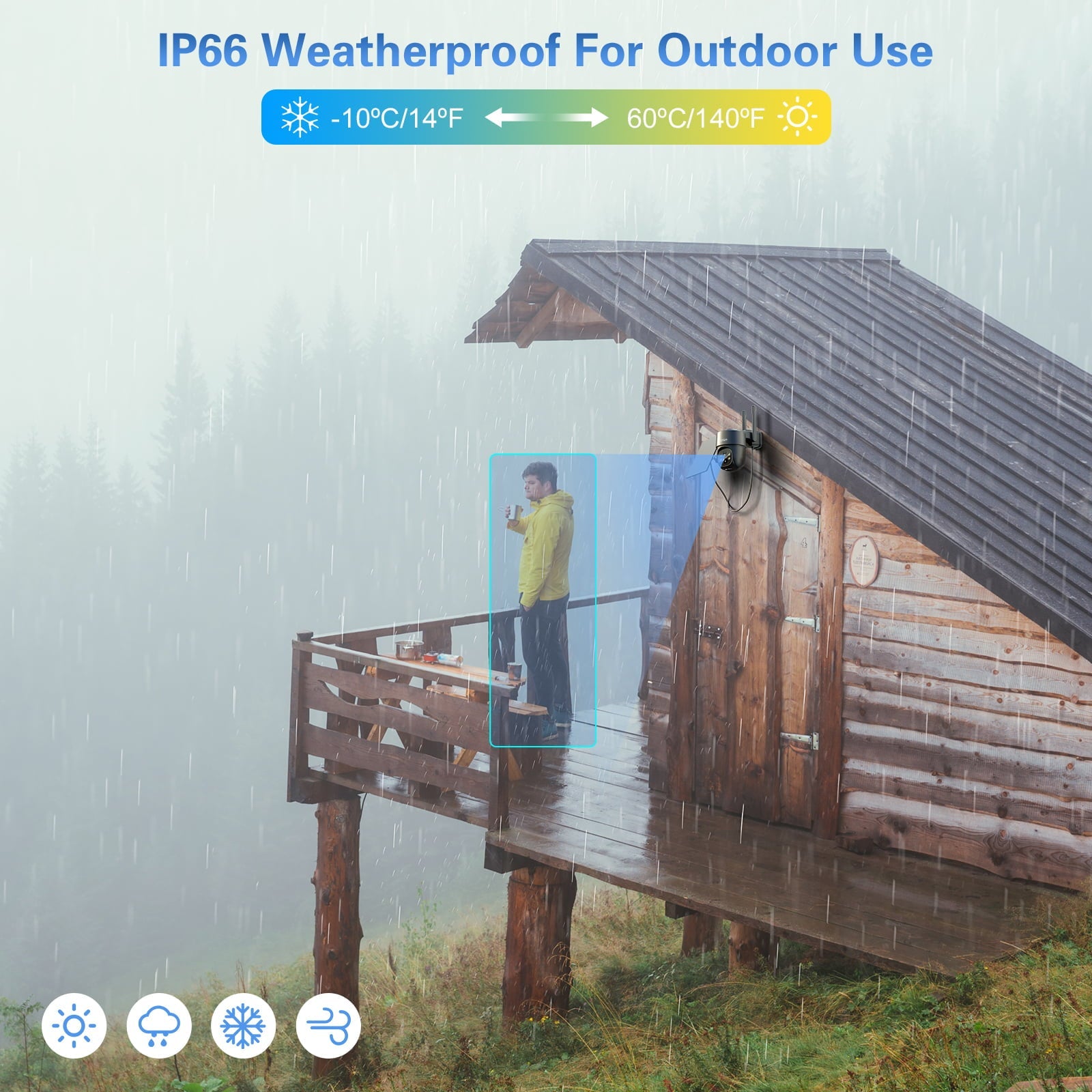 Xega 4G LTE solar camera: IP66 weatherproof for -10°C to 60°C, detects person on deck.