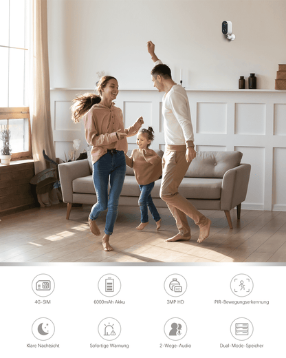 Xega 4G LTE Innen Kamera mit 3MP HD, Nachtsicht und 2-Wege-Audio, montiert an der Wand.