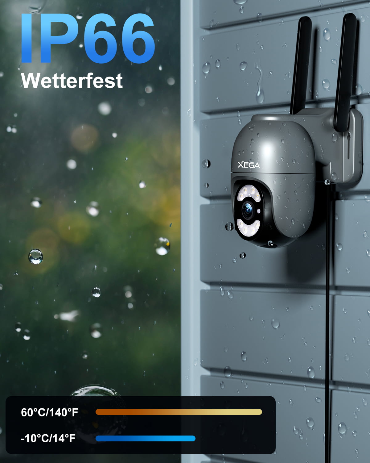 Xega 4G LTE Überwachungskamera, IP66 wetterfest, arbeitet bei 60°C/140°F bis -10°C/14°F.