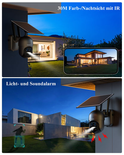 Xega XG-16 4G LTE Überwachungskamera, 30M Farb-Nachtsicht, Licht- und Soundalarm, Solarpanel, Außenbereich Sicherheit.