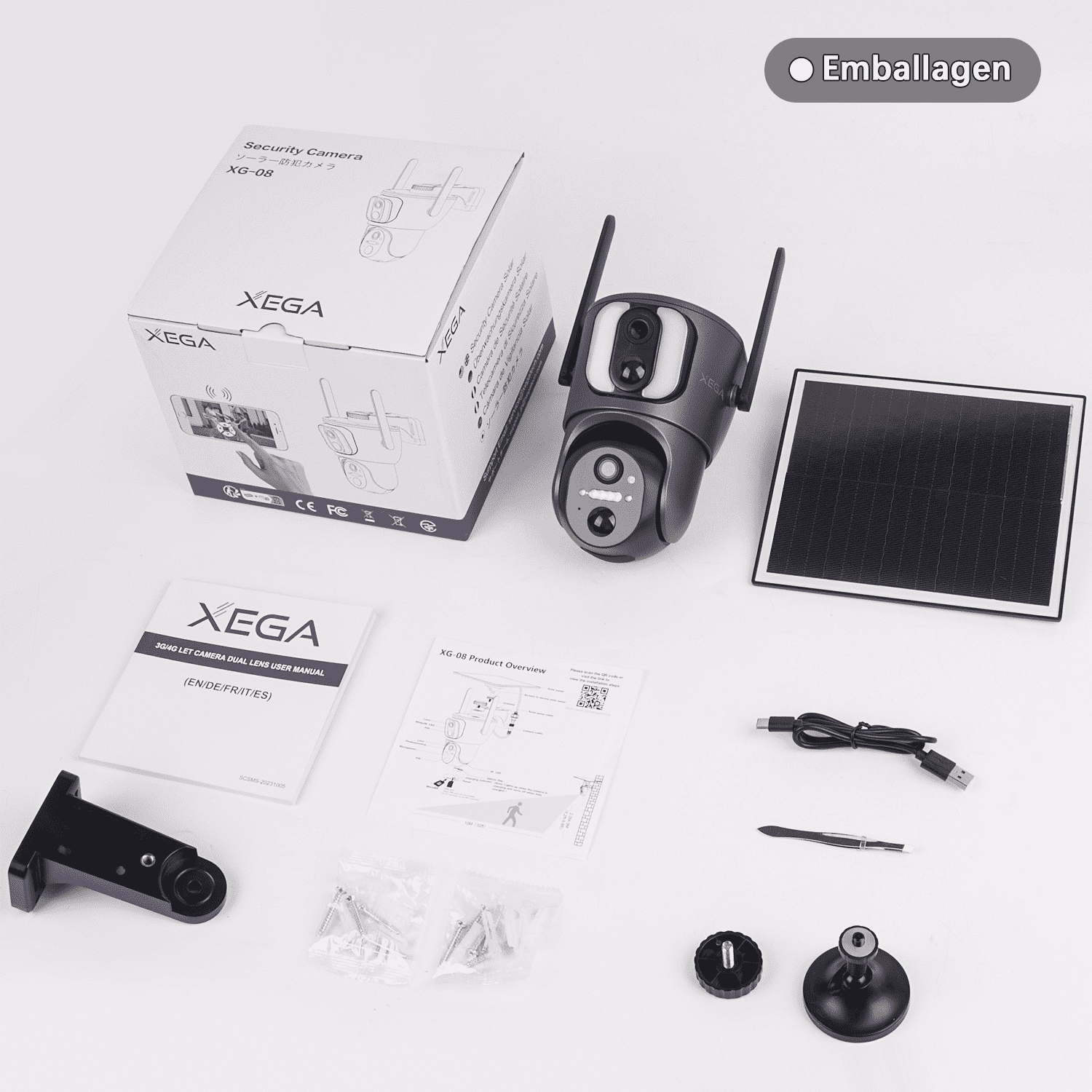 Xega XG-08 Überwachungskamera Set, 2K PTZ, mit Solarpanel, Zubehör &amp; Anleitung - Ideal für Außenbereich &amp; kabellos