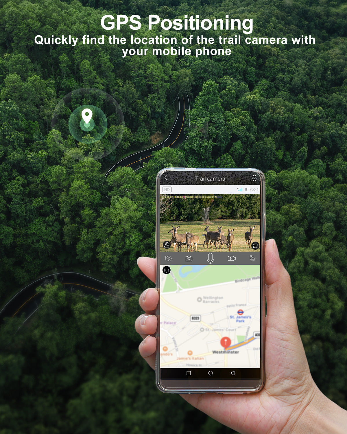 Woman holding phone displaying trail camera app with deer photo and GPS map, showing "GPS Positioning" feature.