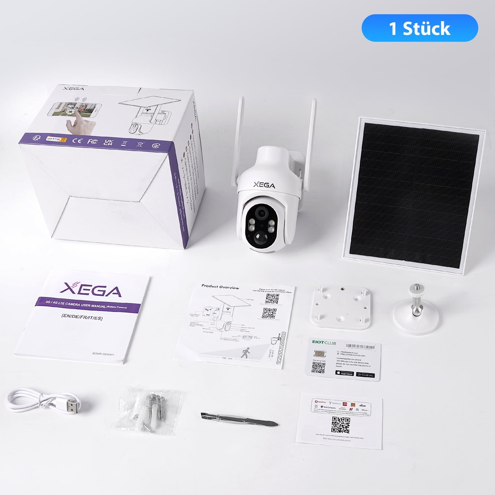 Xega 4G solar camera kit with solar panel, manual, and accessories. Includes product box.