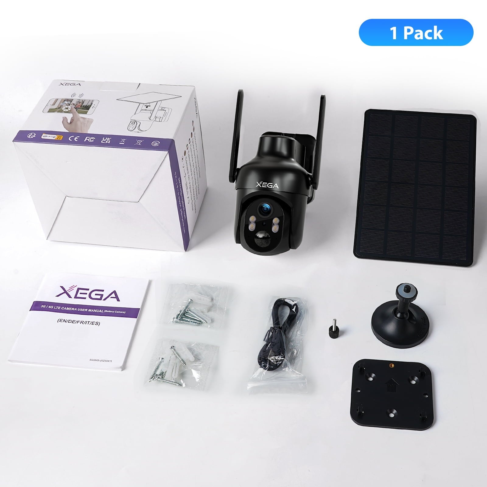 Xega wireless outdoor security camera with solar panel, user manual, and mounting hardware