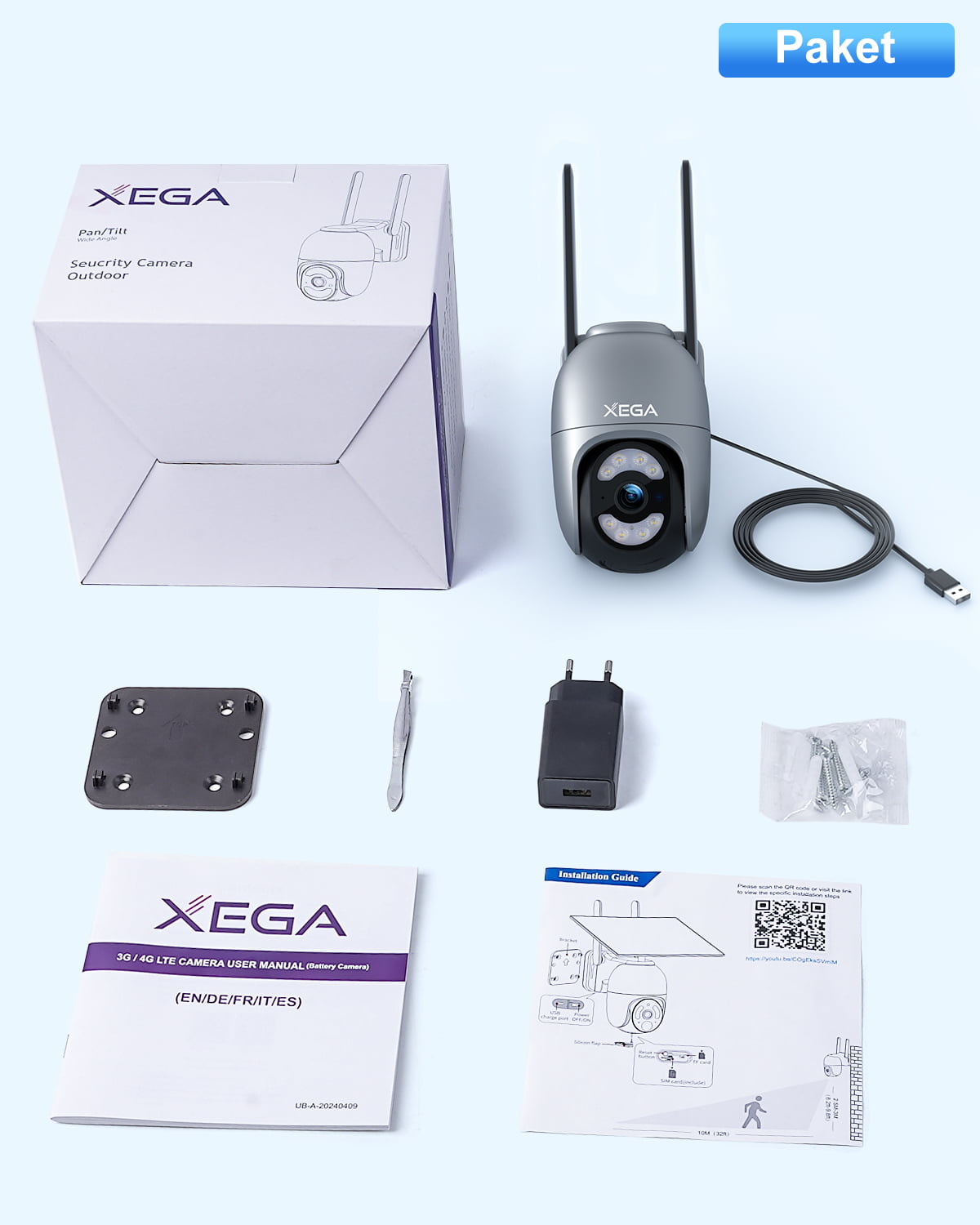 Xega 4G LTE security camera kit: camera, manual, guide, power adapter, mounting parts. Ready for outdoor use.