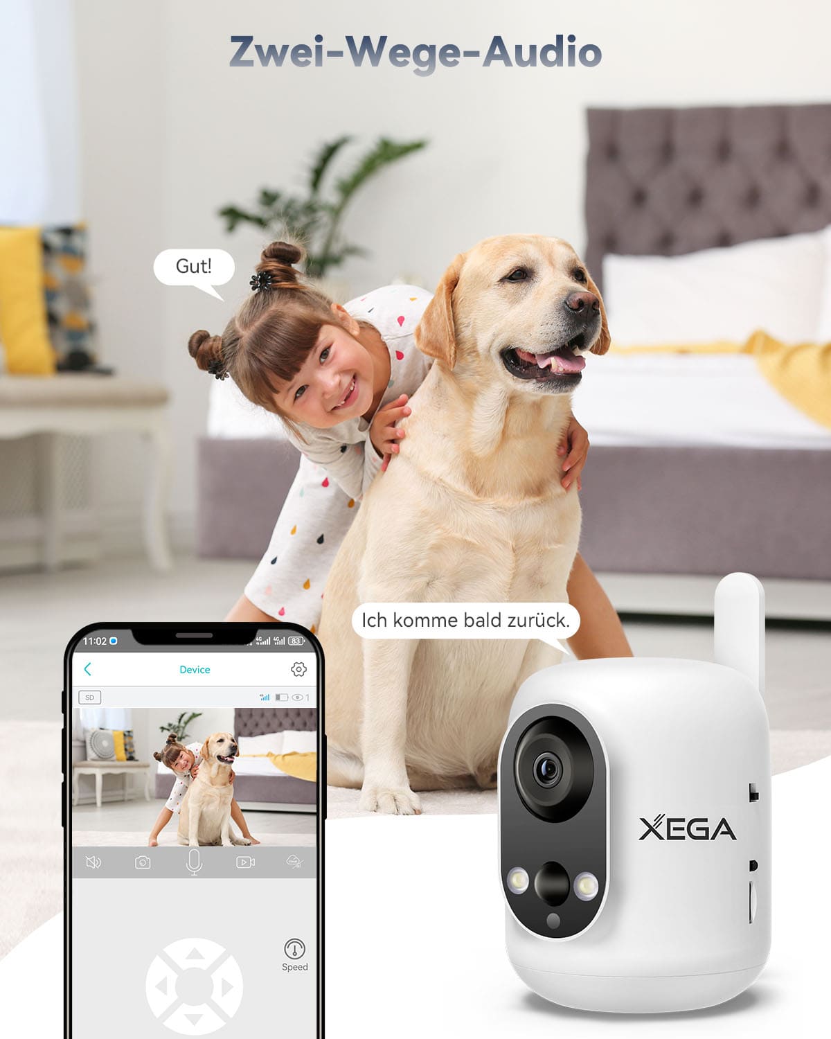 Xega 4G LTE-Innenüberwachungskamera mit SIM-Karte, kabellos, für Babys, Haustiere und Senioren, 6000 mAh Akku, PIR-Erkennung