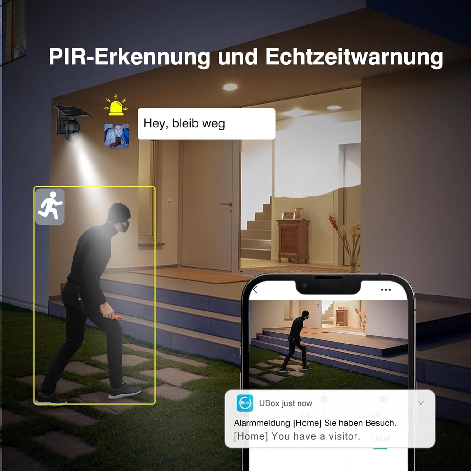 Xega 4G LTE Solar-Kamera erkennt Einbrecher nachts, aktiviert Scheinwerfer, sendet Alarm &amp; ermöglicht 2-Wege-Audio.