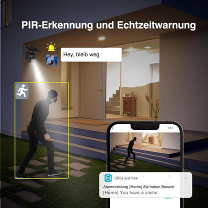Xega 4G LTE Solar-Kamera erkennt Einbrecher nachts, aktiviert Scheinwerfer, sendet Alarm &amp; ermöglicht 2-Wege-Audio.