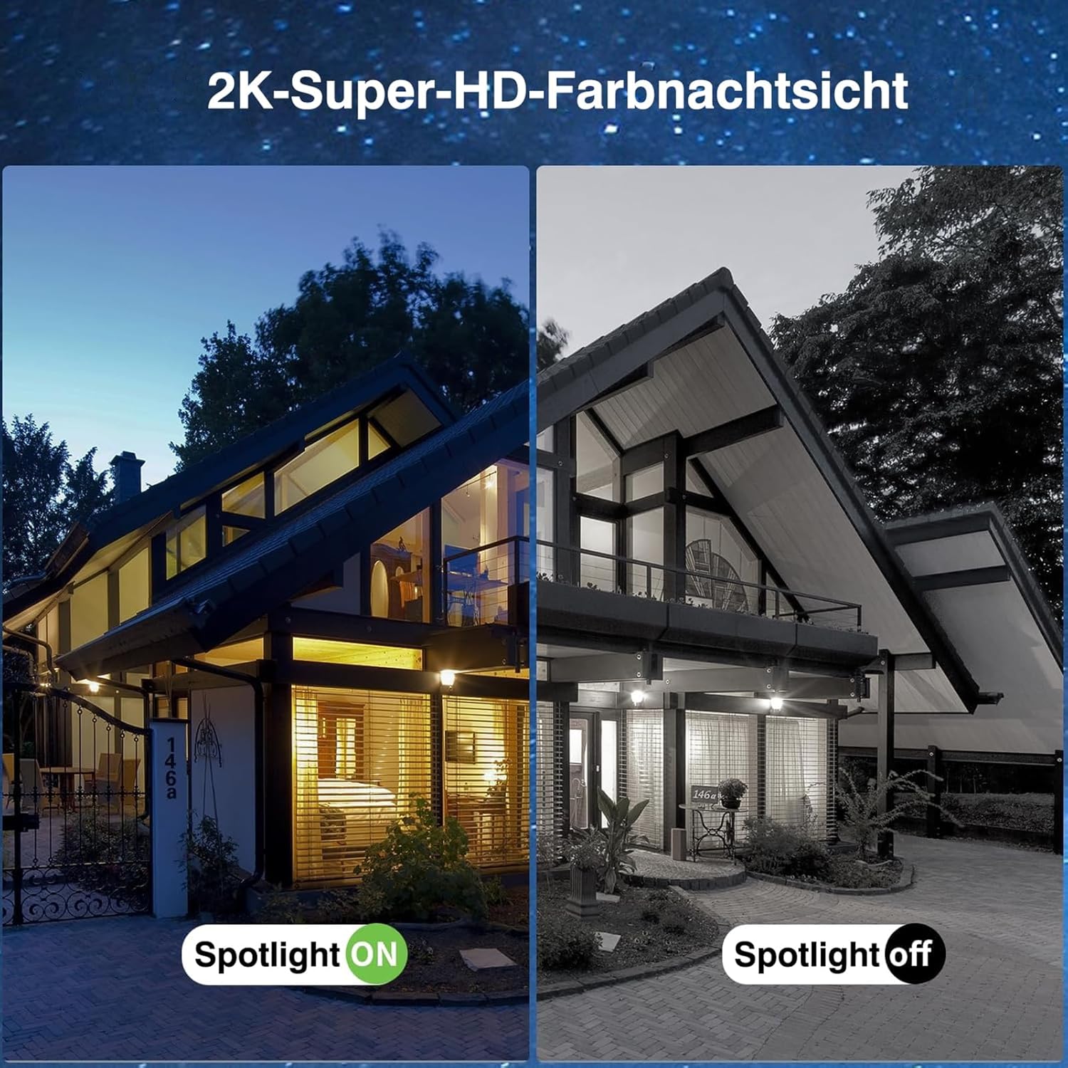 Xega 4G LTE Solar-Kamera: 2K Farb-Nachtsicht mit Spotlight vs. Schwarz-Weiß-Modus am Haus.