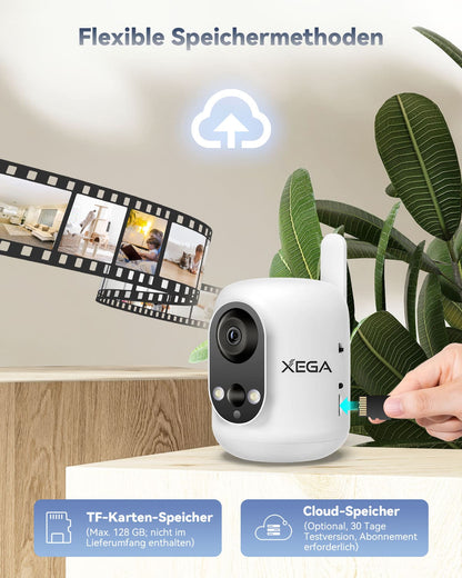 Xega 4G LTE-Innenüberwachungskamera mit SIM-Karte, kabellos, für Babys, Haustiere und Senioren, 6000 mAh Akku, PIR-Erkennung