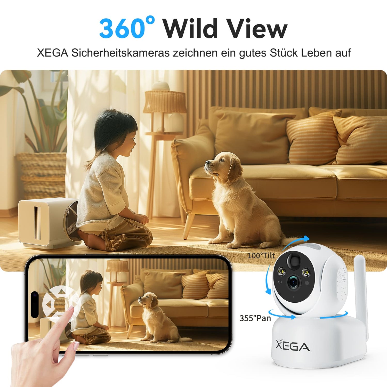 Xega XG-10 Indoor Überwachungskamera, 360° Wild View, Überwachung von Hund und Kind mit Smartphone, 2K Auflösung, Nachtsicht