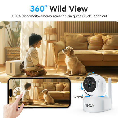 Xega XG-10 Indoor Überwachungskamera, 360° Wild View, Überwachung von Hund und Kind mit Smartphone, 2K Auflösung, Nachtsicht