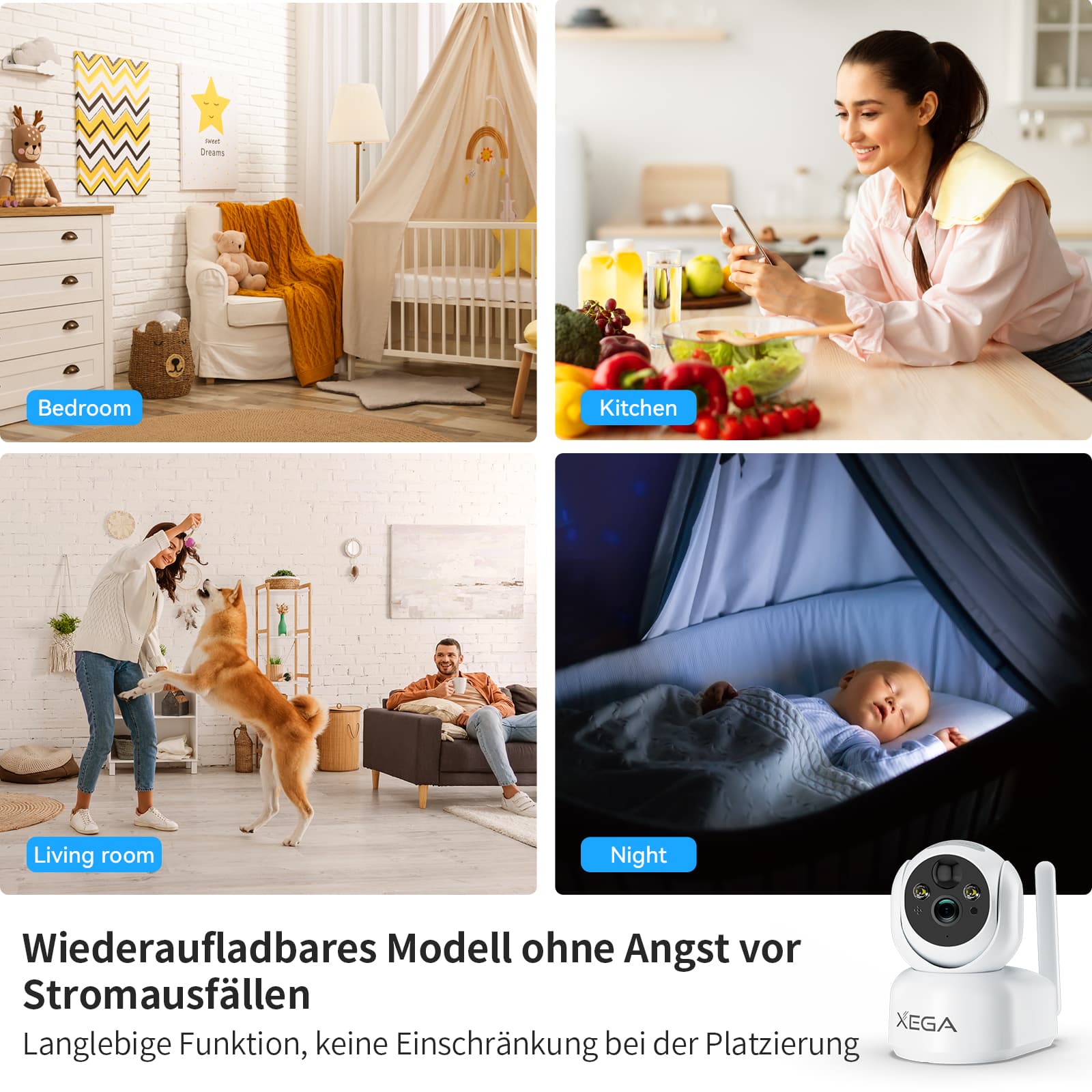 Xega XG-10 4G Überwachungskamera in verschiedenen Umgebungen wie Schlafzimmer und Wohnzimmer, Akku-betriebene Innenkamera.
