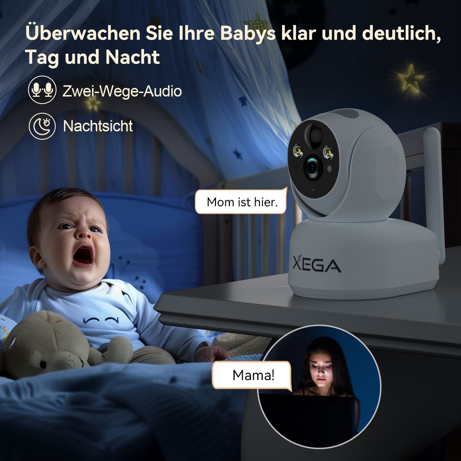 Xega XG-10 4G Innen Überwachungskamera: Babyüberwachung mit Nachtsicht, Zwei-Wege-Audio, und Smartphone-App-Steuerung