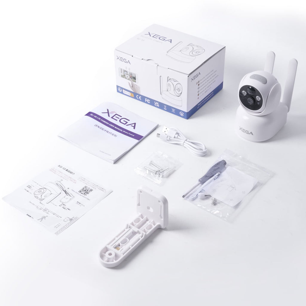 Xega XG-10 4G Indoor-Überwachungskamera Set, weiße Kamera mit Zubehör und Anleitung, 2K Auflösung, mit SIM Karte