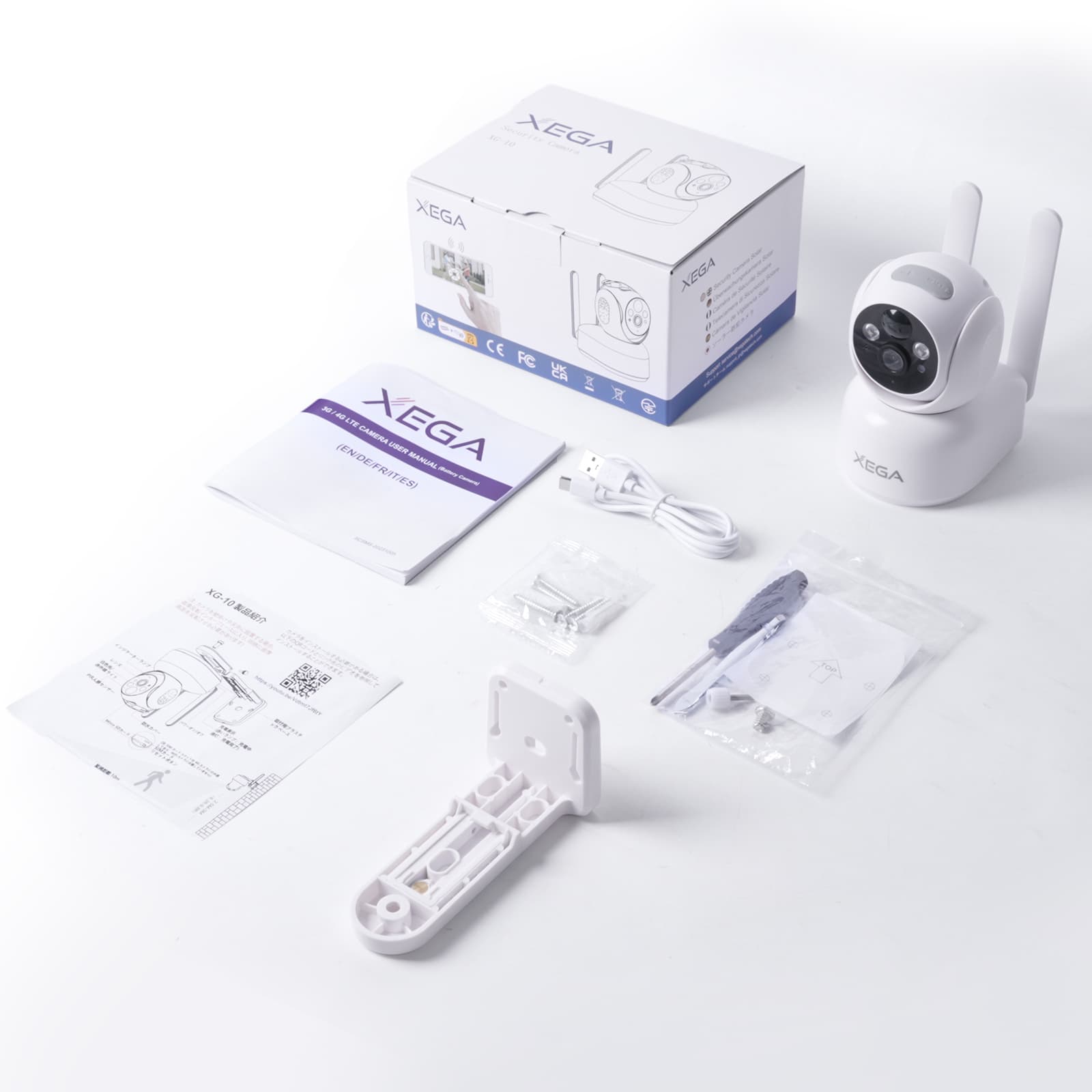 Xega XG-10 4G Indoor-Überwachungskamera Set, weiße Kamera mit Zubehör und Anleitung, 2K Auflösung, mit SIM Karte