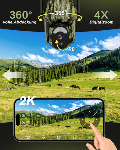 Xega 4G LTE Wildkamera: 360° Abdeckung, 4x Zoom, 2K Auflösung, App-gesteuert.