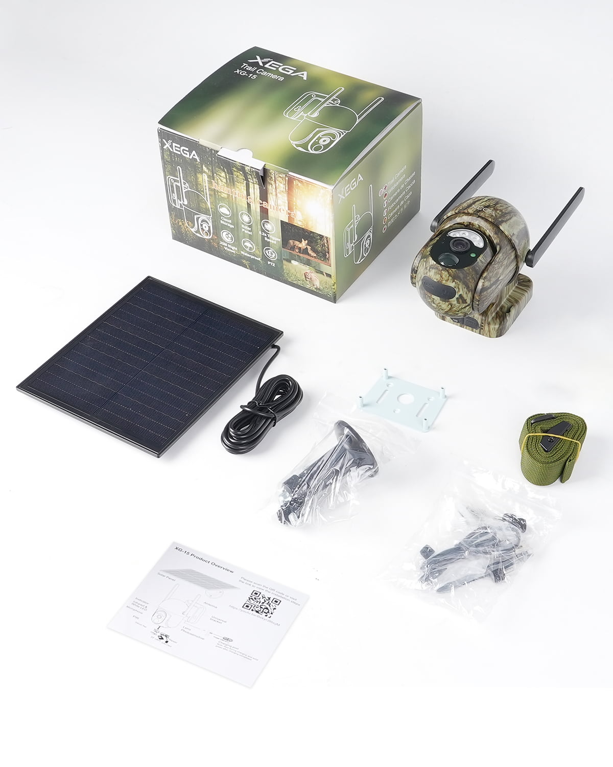 Xega 4G LTE trail camera and solar panel with accessories, including mounts and manual.