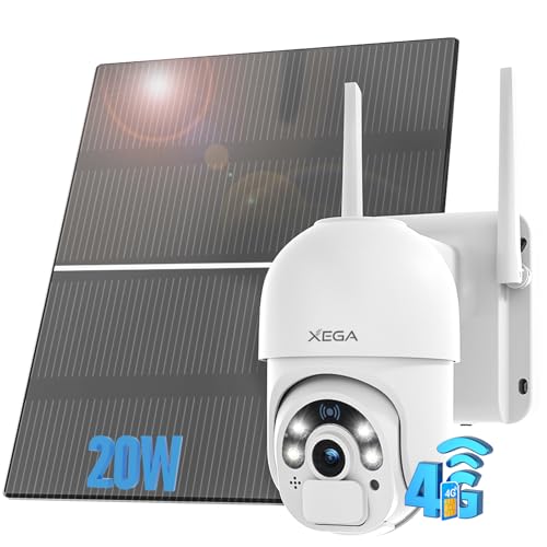 Xega Cámara Solar 4G Exterior con Tarjeta SIM Sin WiFi Panel 20W 20000mAh | Batería Grabación 24/7 Sin Cable, 2K HD, Visión Nocturna Color, Detección Movimiento, PTZ 355°/90°, Suscripción Obligatoria