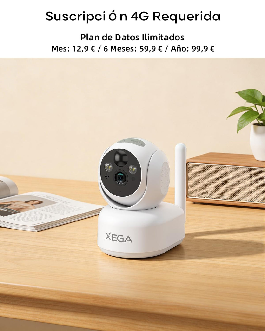 Xega 4G LTE Cámara Vigilancia sin WiFi Interior con Tarjeta SIM, 2K Batería Recargable Cámara PTZ, Visión Nocturna a Color, Detección de PIR, Audio Bidireccional, IP65