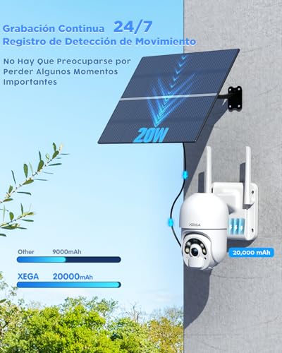 Xega Cámara Solar 4G Exterior con Tarjeta SIM Sin WiFi Panel 20W 20000mAh | Batería Grabación 24/7 Sin Cable, 2K HD, Visión Nocturna Color, Detección Movimiento, PTZ 355°/90°, Suscripción Obligatoria