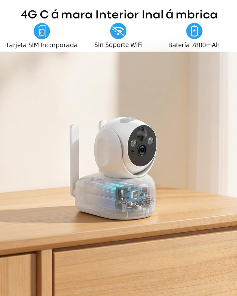Xega 4G LTE Cámara Vigilancia sin WiFi Interior con Tarjeta SIM, 2K Batería Recargable Cámara PTZ, Visión Nocturna a Color, Detección de PIR, Audio Bidireccional, IP65