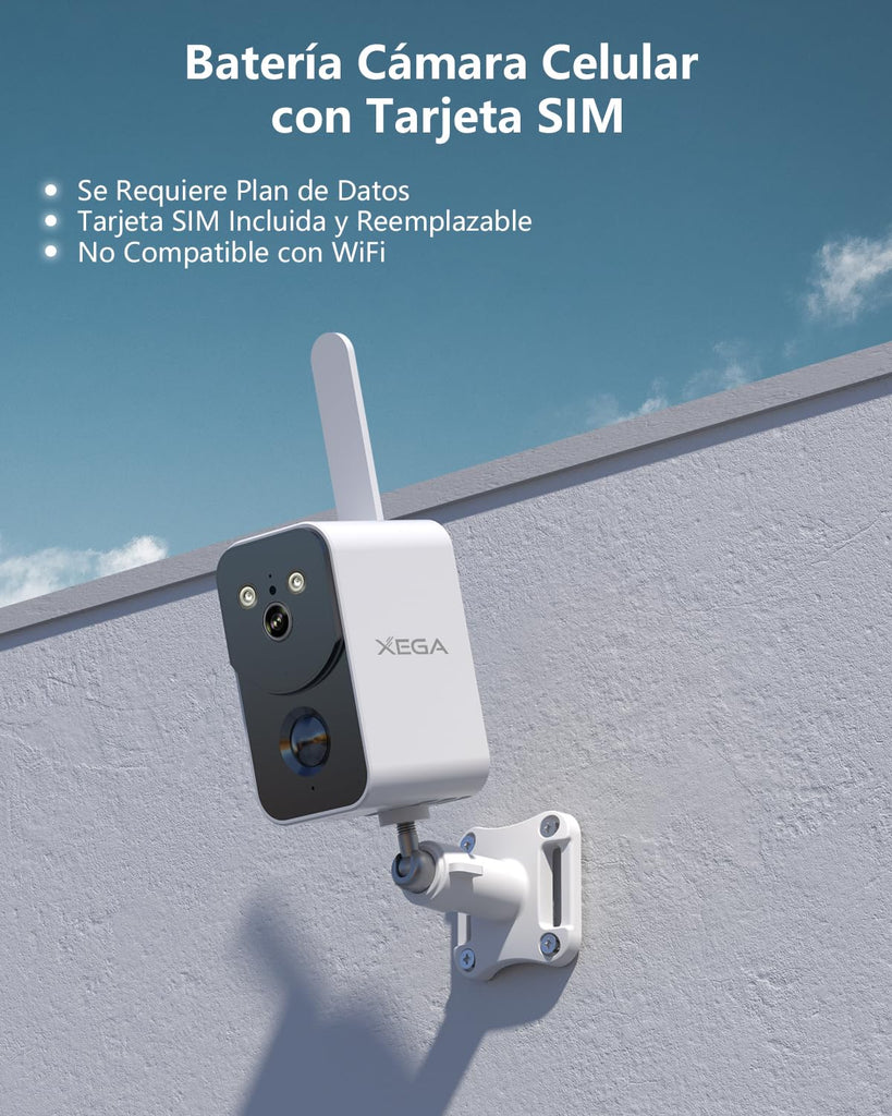 Xega Cámara de Vigilancia 4G LTE con Tarjeta SIM 10000mAh Batería,Portátil Sin Cable para Exterior Interior Visión Nocturna en Color Proyector Sirena Alerta Instantánea por App Impermeable【Sin WiFi】