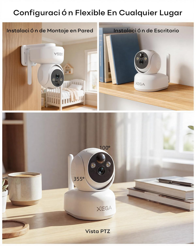 Xega 4G LTE Cámara Vigilancia sin WiFi Interior con Tarjeta SIM, 2K Batería Recargable Cámara PTZ, Visión Nocturna a Color, Detección de PIR, Audio Bidireccional, IP65