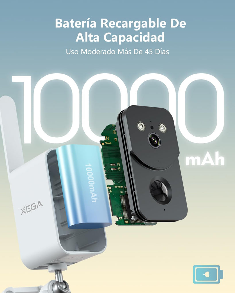 Xega Cámara de Vigilancia 4G LTE con Tarjeta SIM 10000mAh Batería,Portátil Sin Cable para Exterior Interior Visión Nocturna en Color Proyector Sirena Alerta Instantánea por App Impermeable【Sin WiFi】