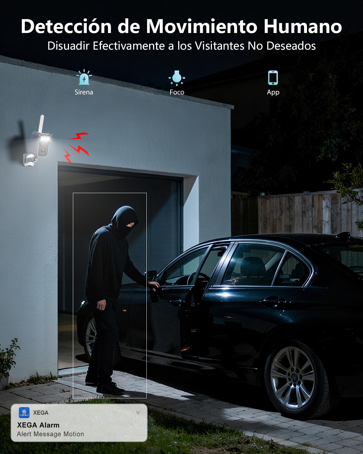 Xega Cámara de Vigilancia 4G LTE con Tarjeta SIM 10000mAh Batería,Portátil Sin Cable para Exterior Interior Visión Nocturna en Color Proyector Sirena Alerta Instantánea por App Impermeable【Sin WiFi】