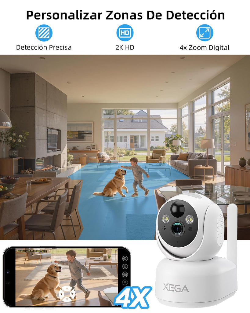 Xega 4G LTE Cámara Vigilancia sin WiFi Interior con Tarjeta SIM, 2K Batería Recargable Cámara PTZ, Visión Nocturna a Color, Detección de PIR, Audio Bidireccional, IP65