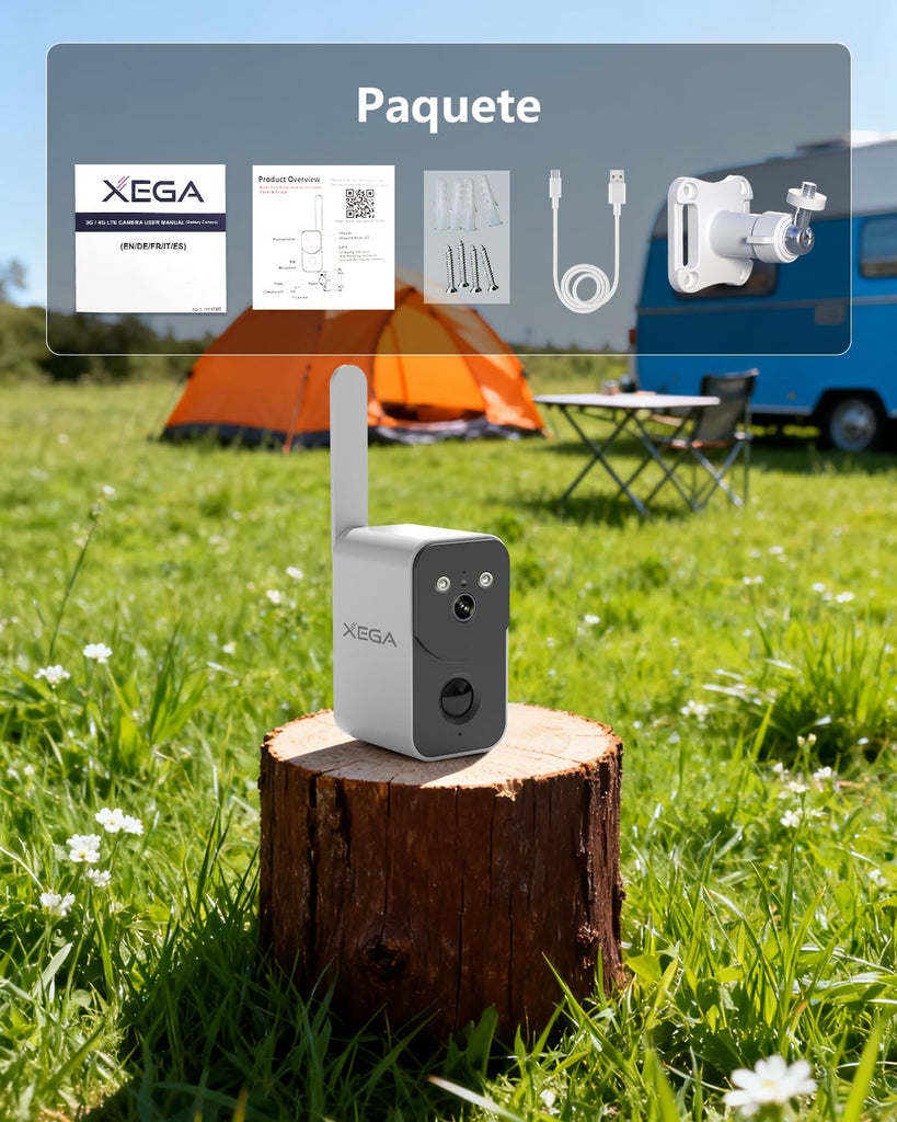 Xega Cámara de Vigilancia 4G LTE con Tarjeta SIM 10000mAh Batería,Portátil Sin Cable para Exterior Interior Visión Nocturna en Color Proyector Sirena Alerta Instantánea por App Impermeable【Sin WiFi】