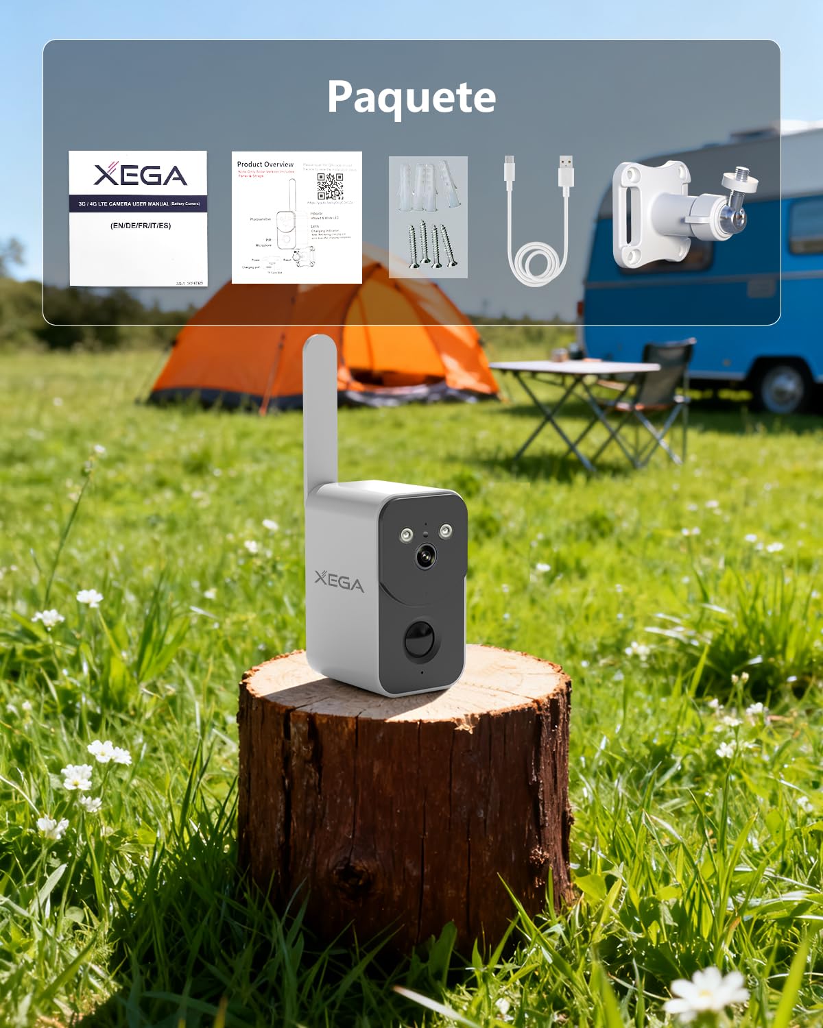 Xega Cámara de Vigilancia 4G LTE con Tarjeta SIM 10000mAh Batería,Portátil Sin Cable para Exterior Interior Visión Nocturna en Color Proyector Sirena Alerta Instantánea por App Impermeable【Sin WiFi】