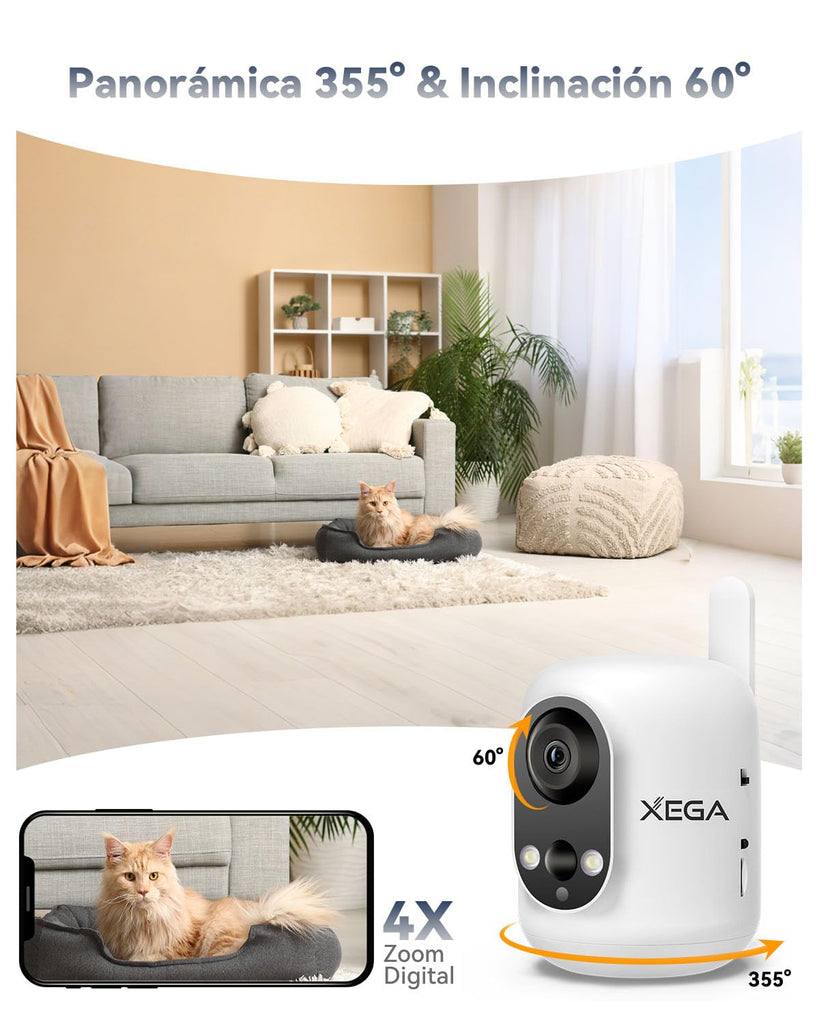 Xega 4G LTE Cámara Vigilancia Interior con Tarjeta SIM, 2K Cámara Inalámbrica sin WiFi para Bebés/Mascotas/Ancianos, 6000mAh Batería, 355°P/60°T, Detección PIR, TF/Cloud ‎No Resistente al Agua