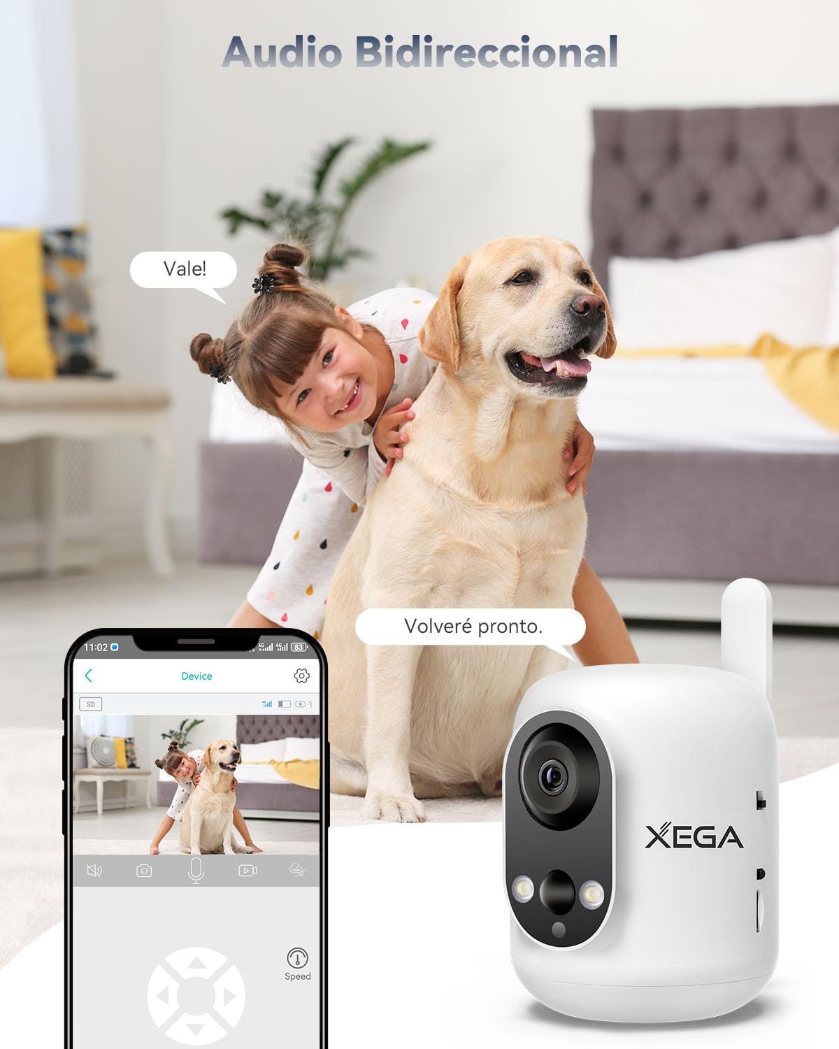 Xega 4G LTE Cámara Vigilancia Interior con Tarjeta SIM, 2K Cámara Inalámbrica sin WiFi para Bebés/Mascotas/Ancianos, 6000mAh Batería, 355°P/60°T, Detección PIR, TF/Cloud ‎No Resistente al Agua