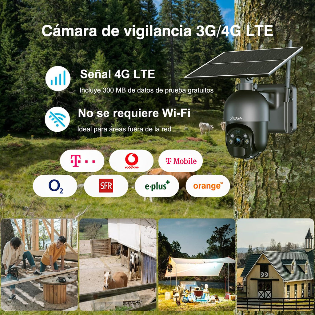 Cámara de vigilancia exterior solar inalámbrica Xega 4G LTE con tarjeta SIM y visión nocturna en color 2K