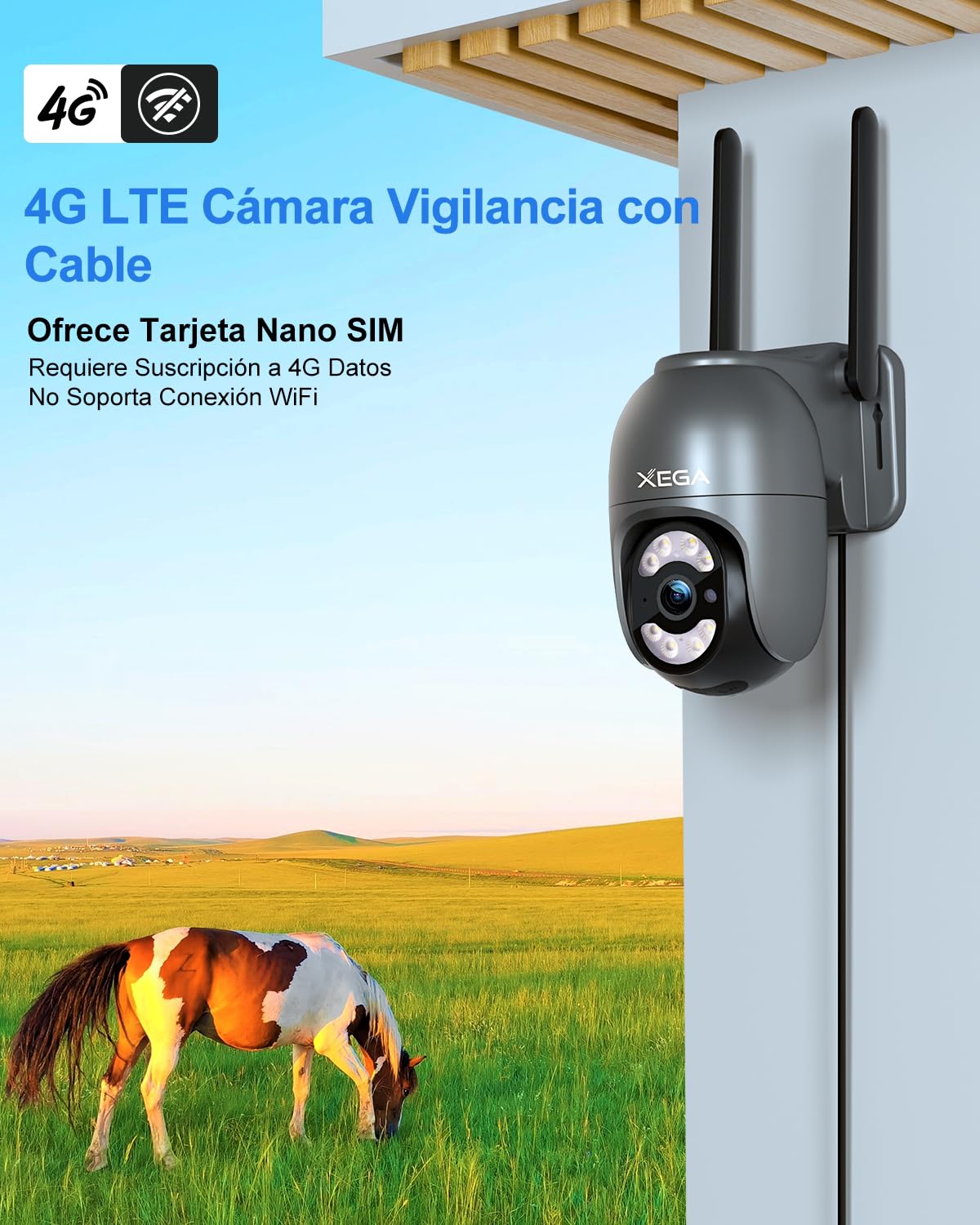 Xega Cámara Cablada 4G Exterior con Tarjeta SIM Grabación 24/7 Sin WiFi PTZ | Seguimiento Automático, Rotación 355°/100°, 2K HD, Detección Humana, Visión Nocturna, Luz Y Sirena, Suscripción Obligatoria